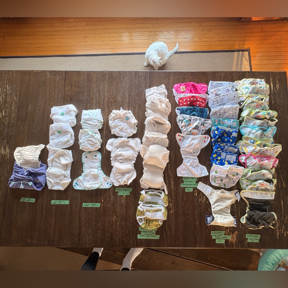 Lot of 14 reusable Cloth Diapers and 30 covers, basically new! (Fits 6-35 lbs)